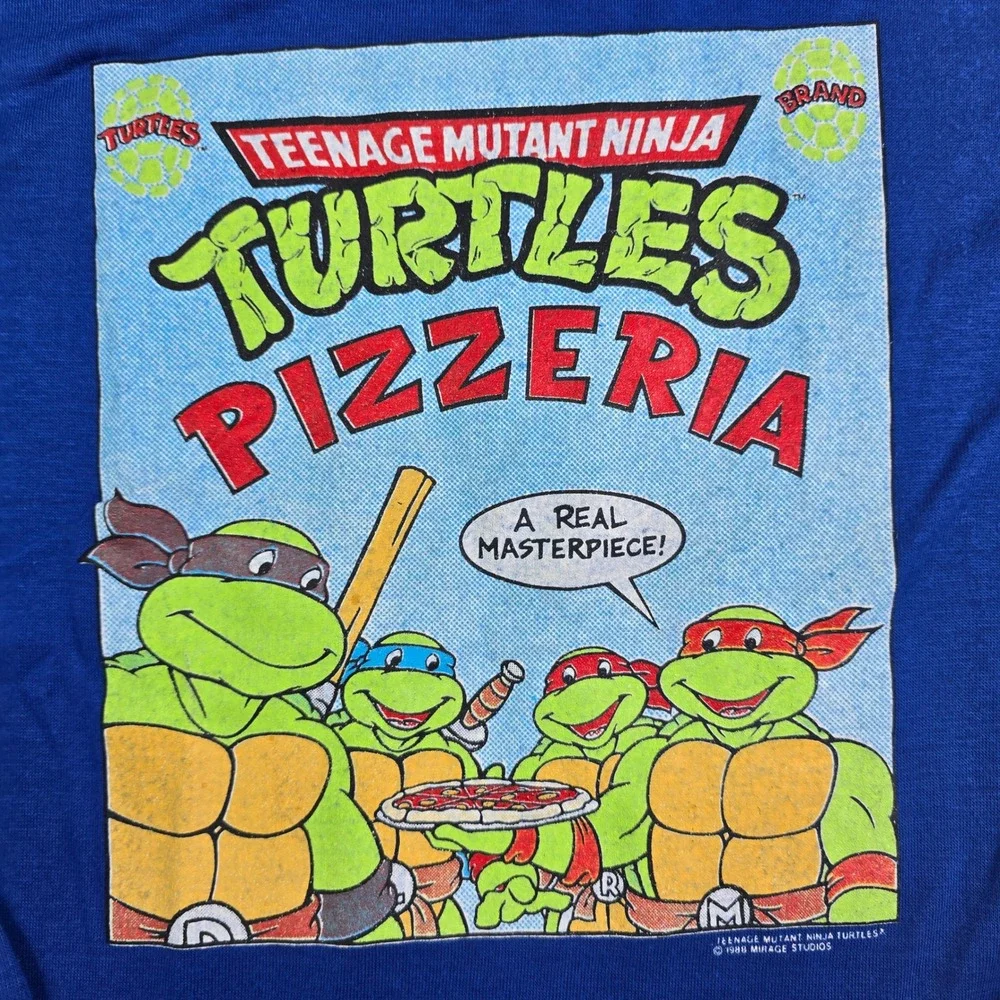 Vintage 1988 Wormser TMNT Pizzeria Pajama Shirt Kids M 12-14 Blue Teenage Mutant